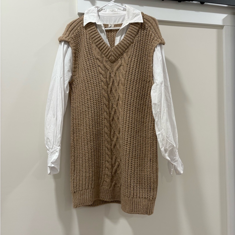 River Island Cable Knit Hybrid Shirt Dress in Beige - Picture 2 of 10